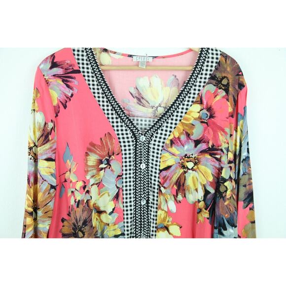 Spense Women's XL Blouse Popover Top Floral Multi Gingham Boho Relaxed Tie Front - Picture 5 of 6